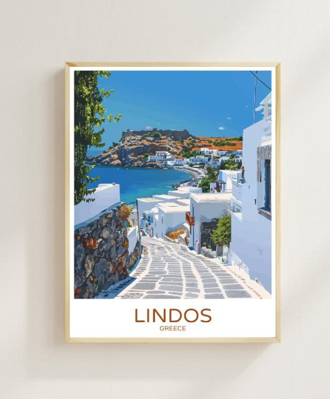 Lindos Greece Whitewashed Village Acropolis Bay Travel Poster
