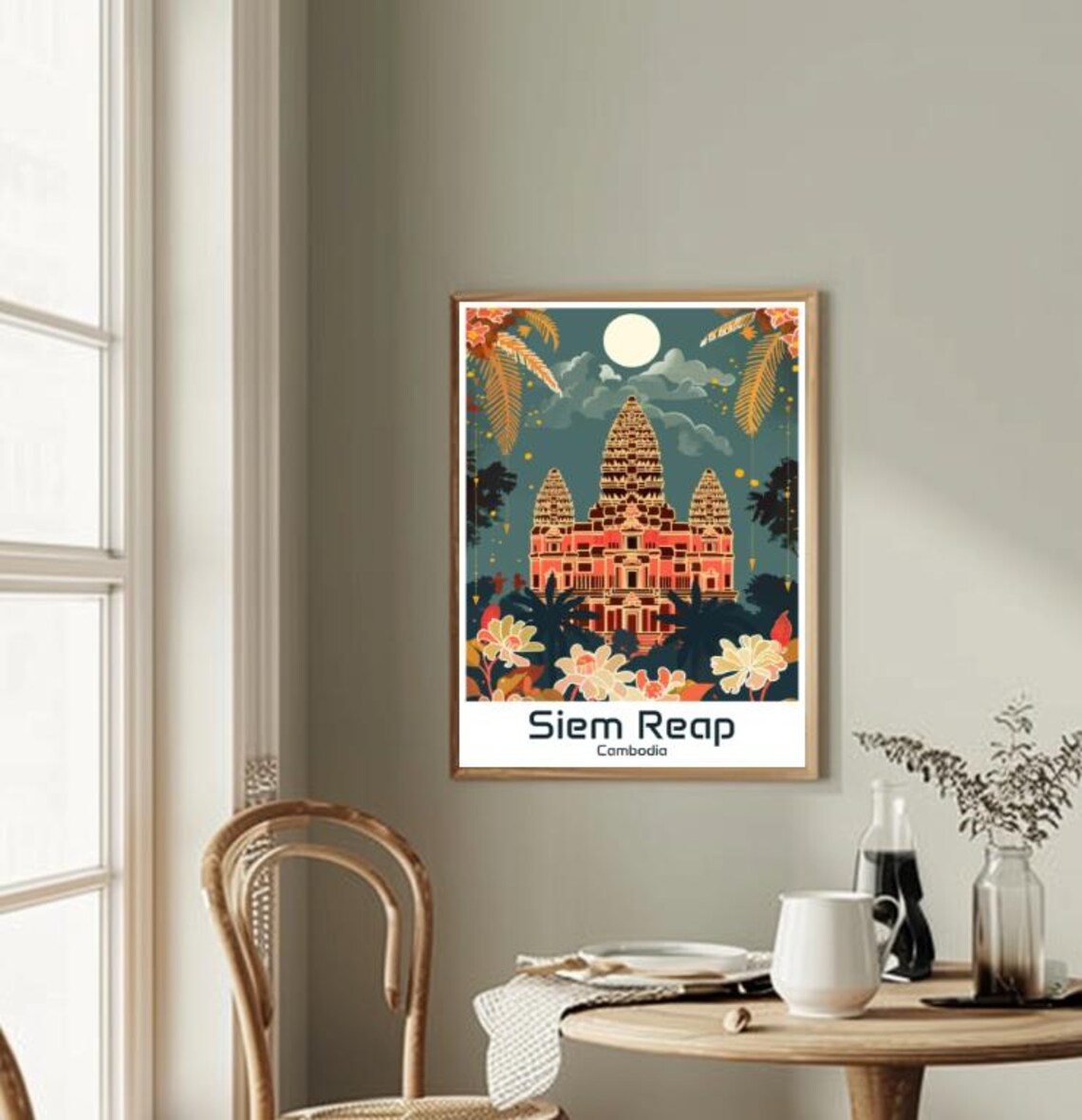 Siem Reap Cambodia Angkor Wat Temple Night Floral Travel Poster - Image 2