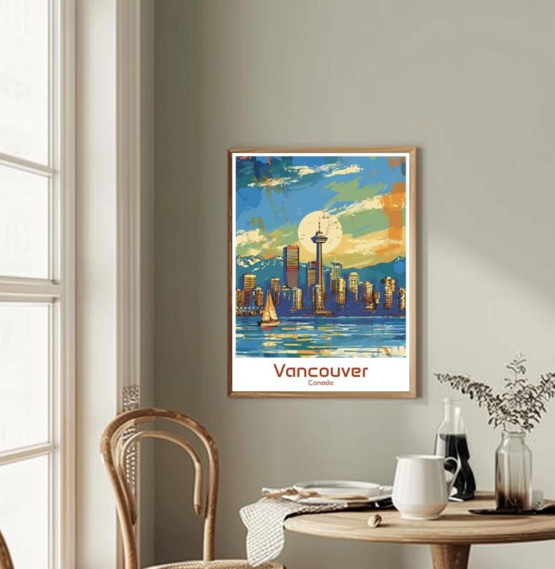 Vancouver Canada Skyline Poster Harbour Sailboat Mountains Sunset Art - Image 2