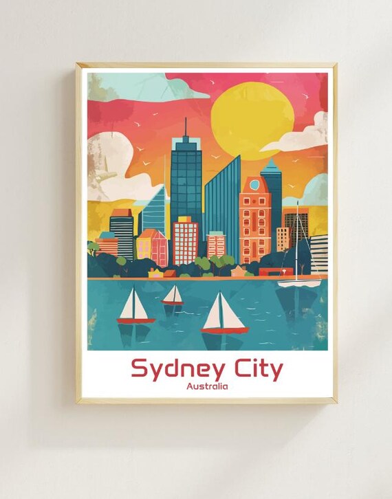 Sydney City Australia Harbor Skyline Sailboats Sunset Poster