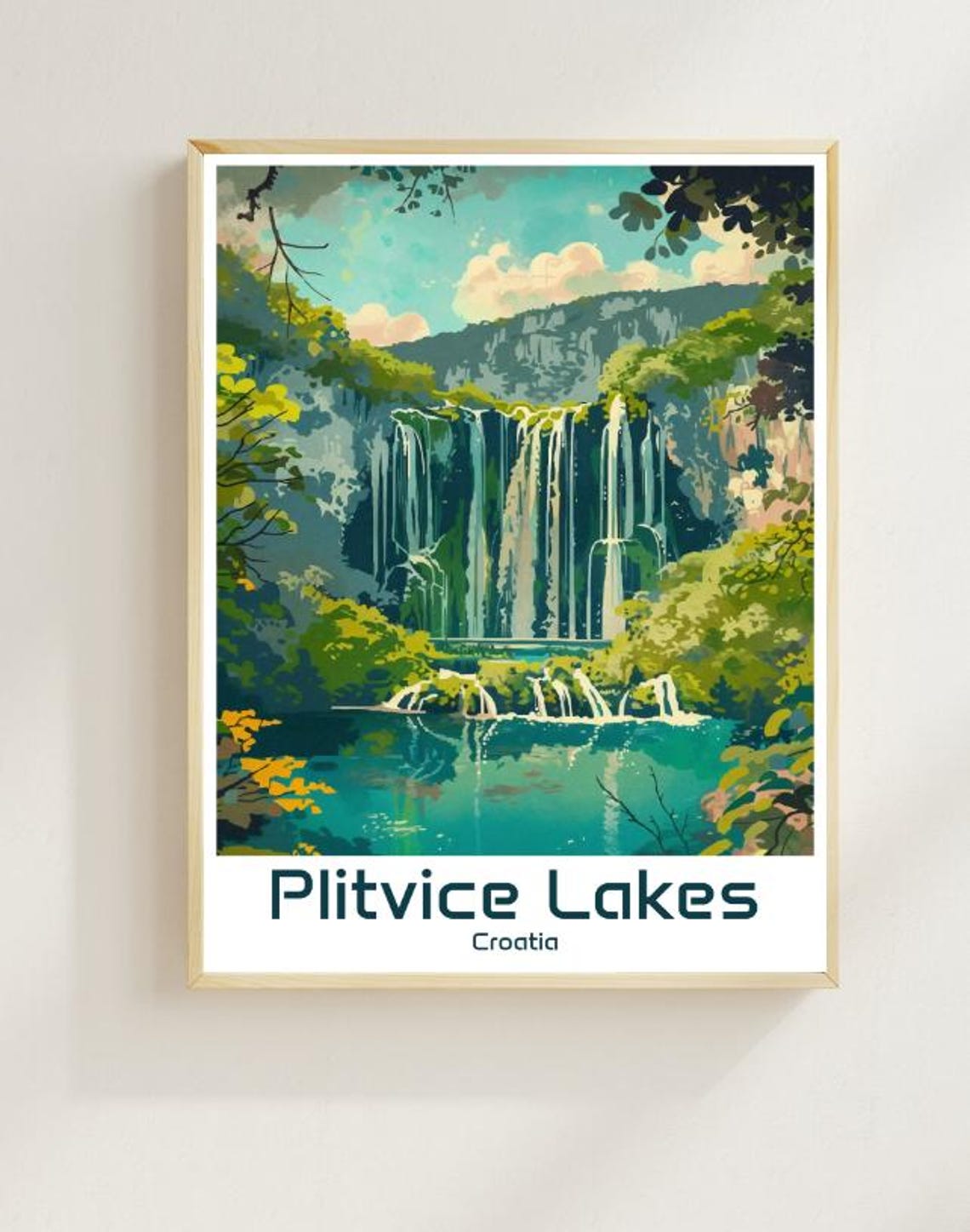 Plitvice Lakes Croatia Waterfall Forest Nature Illustrated Poster
