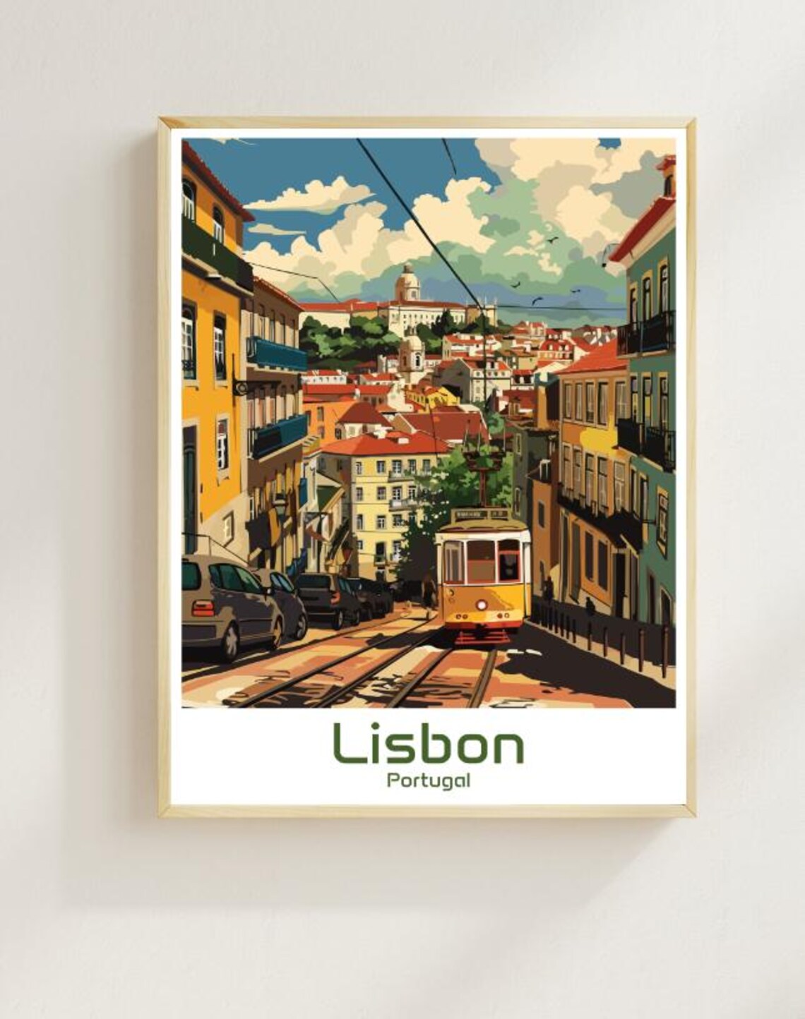Lisbon Portugal Tram Street Cityscape Vintage Style Travel Poster