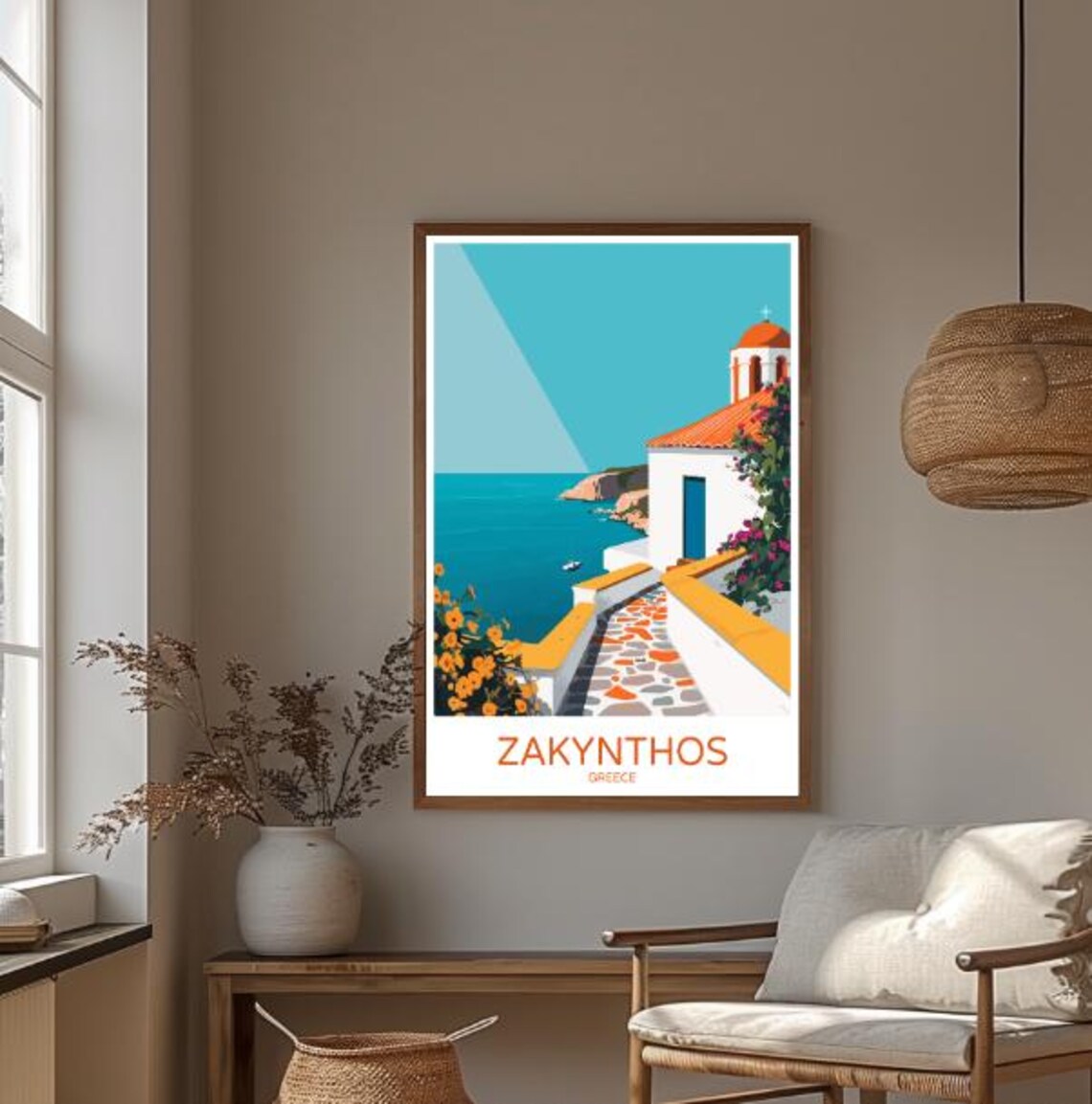 Zakynthos Greece White Chapel Above Turquoise Bay Travel Poster - Image 3