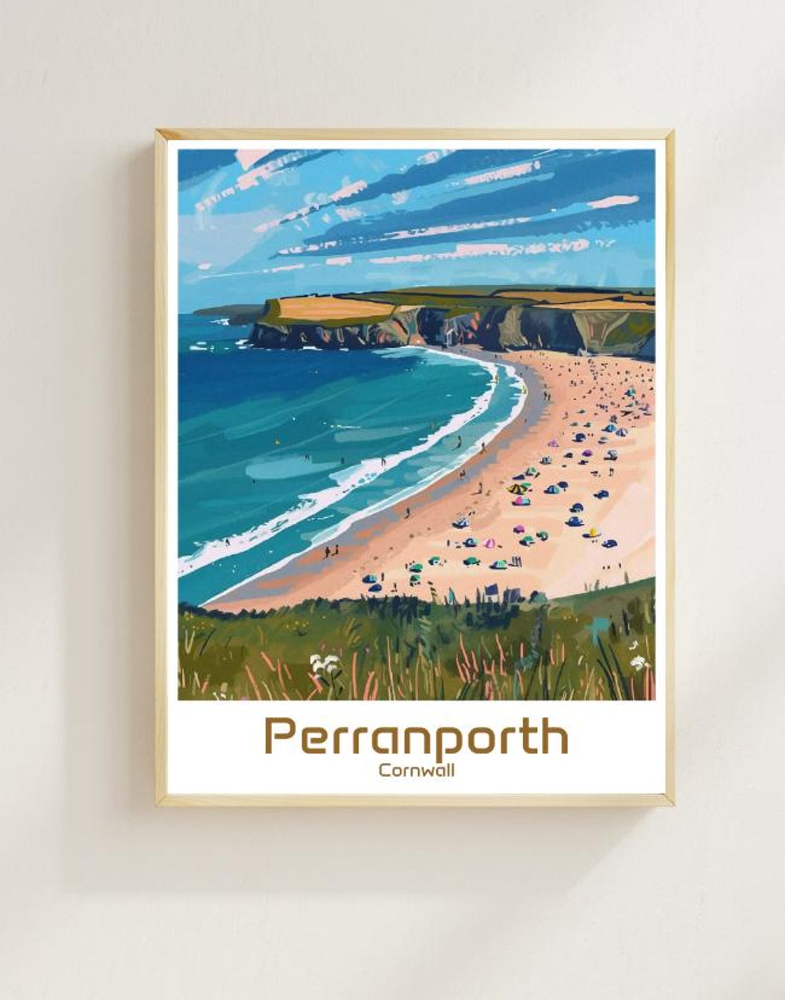 Perranporth Cornwall Golden Beach Cliffs Summer Travel Poster