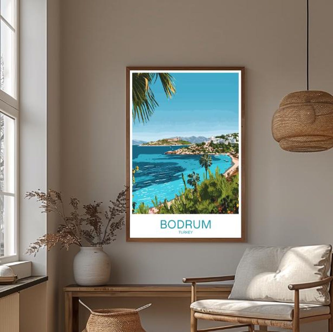 Bodrum Turkey Travel Poster With Turquoise Bay And Palm Coast Scene - Image 3