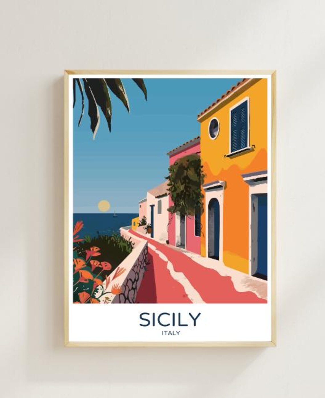 Sicily Italy Colorful Coastal Street Village Scenic Travel Poster