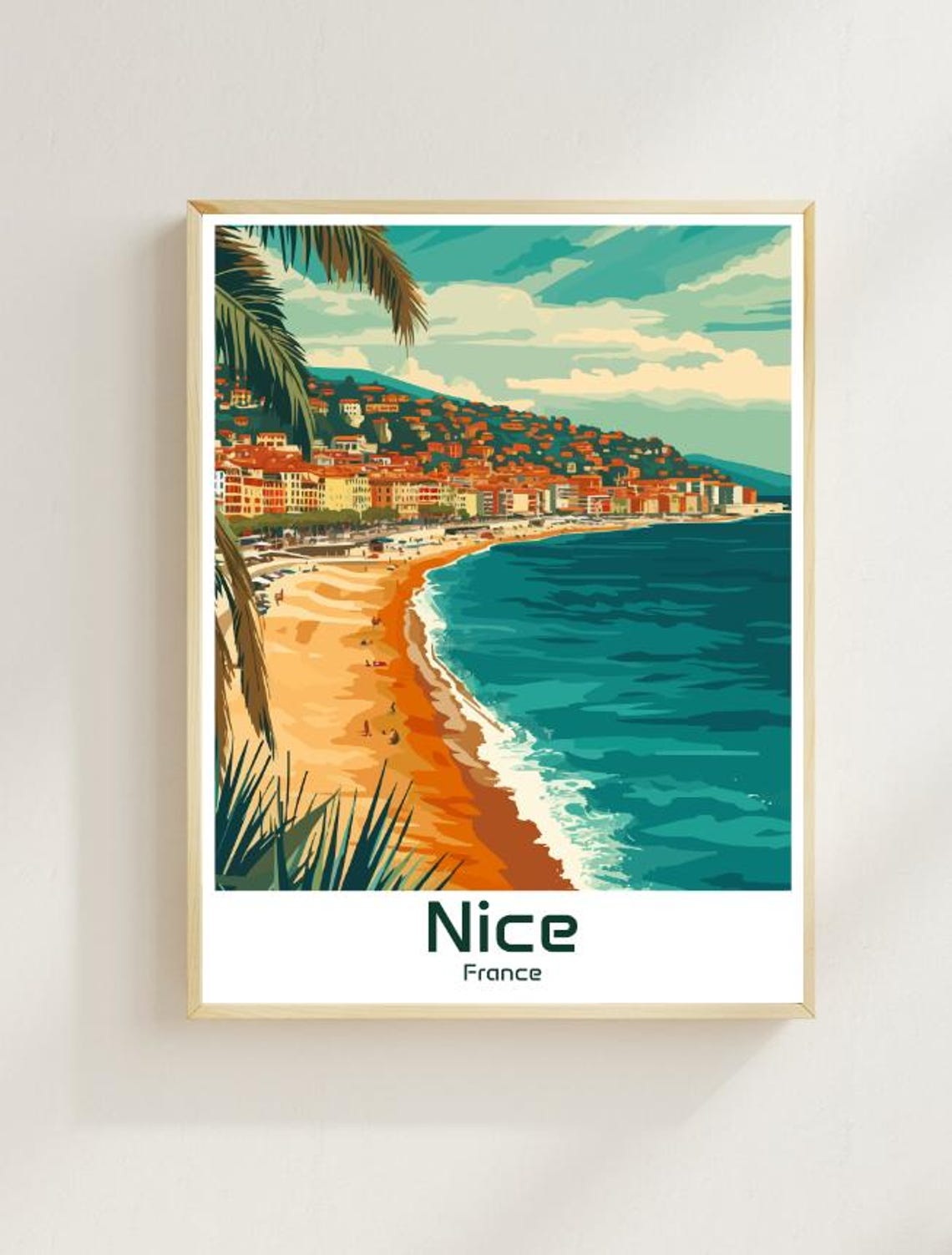 Nice France Riviera Beach Curved Coast Vintage Travel Poster