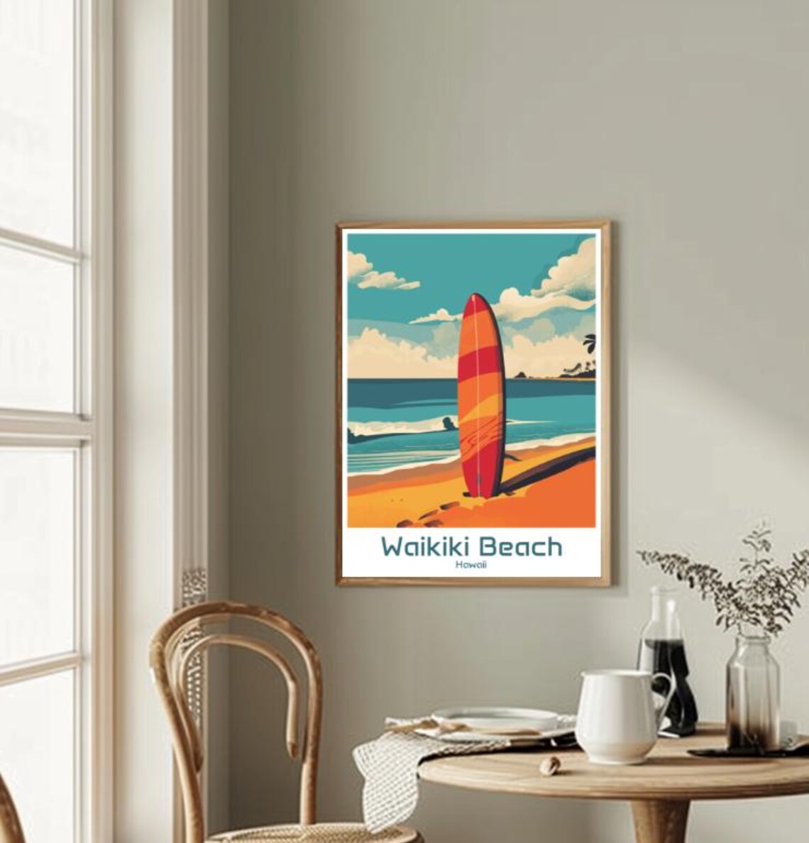 Waikiki Beach Hawaii Surfboard Golden Sand Retro Surf Art Poster - Image 2