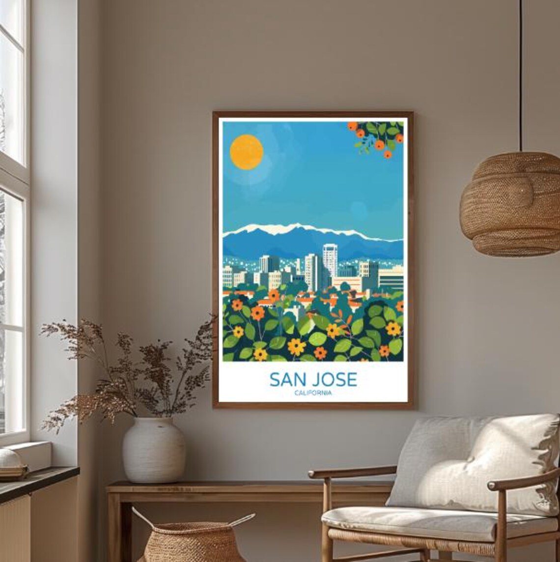 San Jose California Travel Poster Sunny Downtown Skyline Floral Art - Image 3