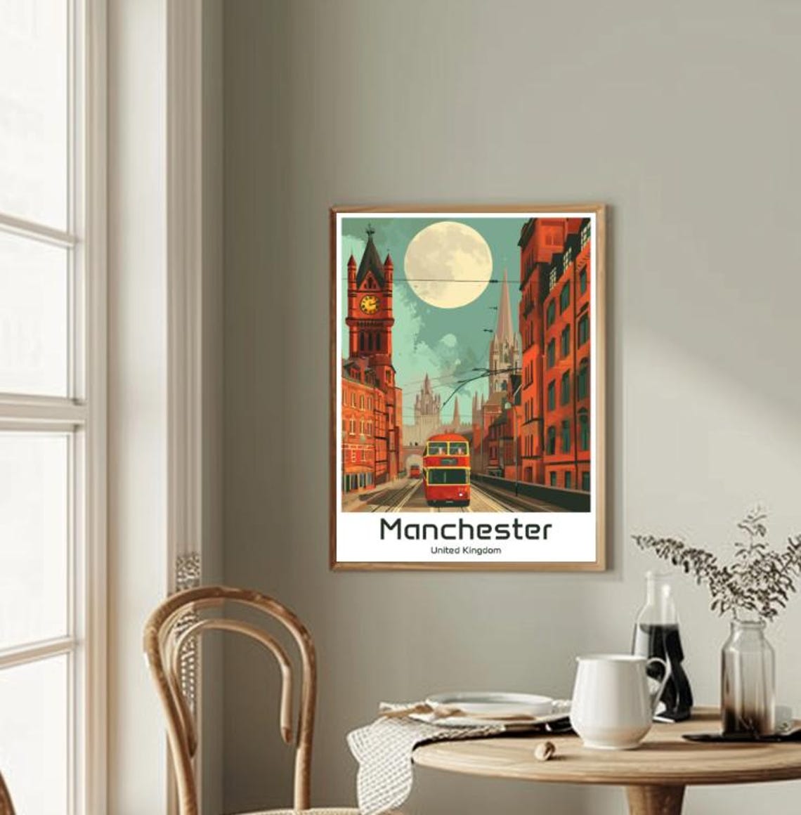 Manchester Vintage Tram Cityscape Travel Poster Under Full Moon - Image 2