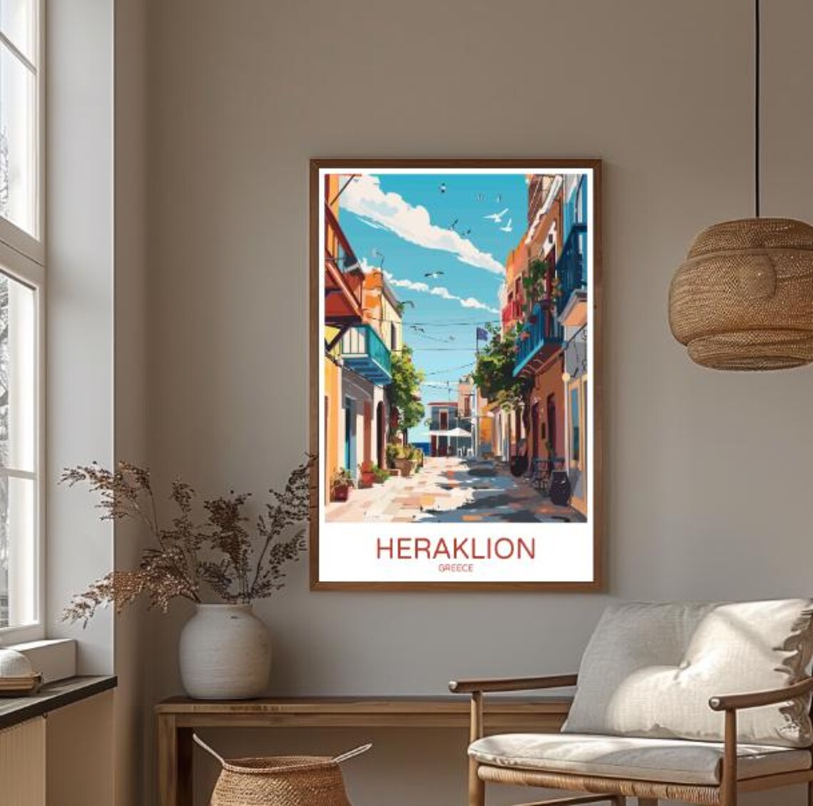 Heraklion Greece Sunlit Cobblestone Old Street Seaside Travel Poster - Image 3