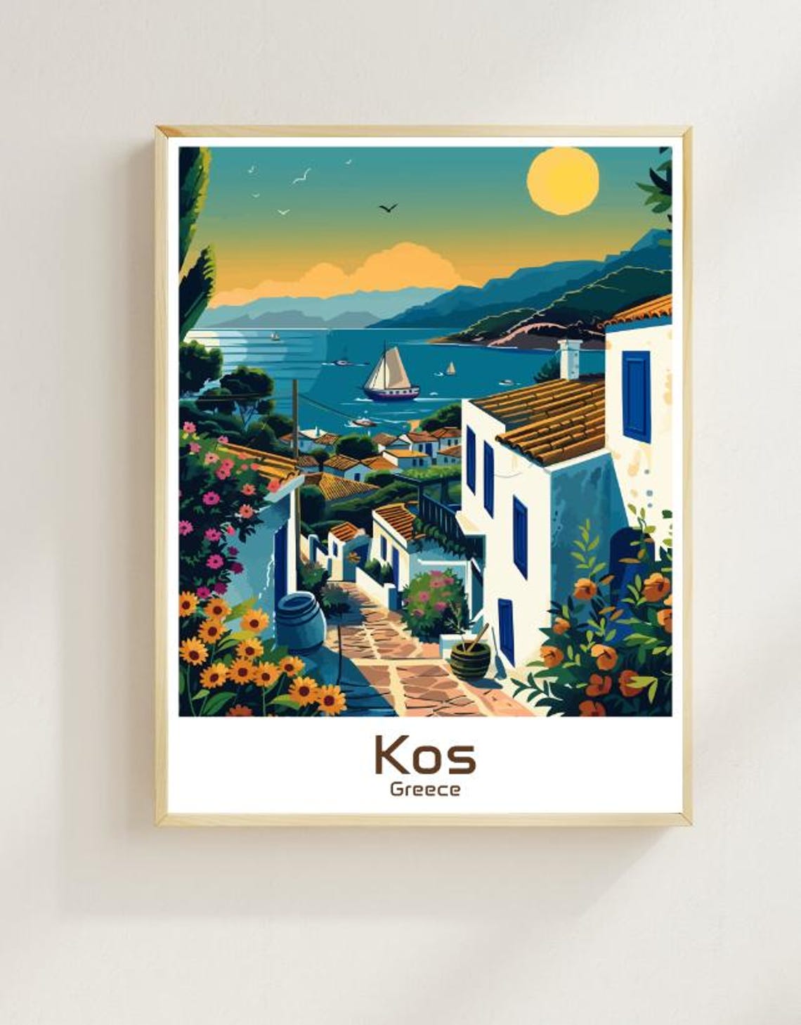 Kos Greece Greek Island Sunset Sailboat Village Travel Poster