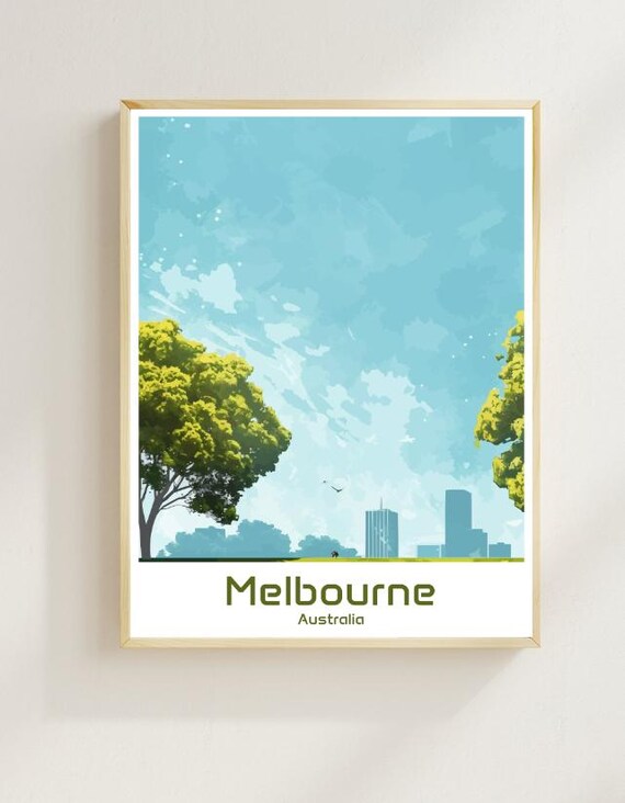 Melbourne Australia City Skyline Park Trees Vintage Travel Poster