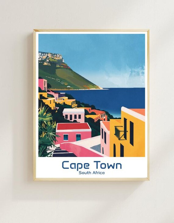 Cape Town South Africa Travel Poster Table Mountain Coastal Village