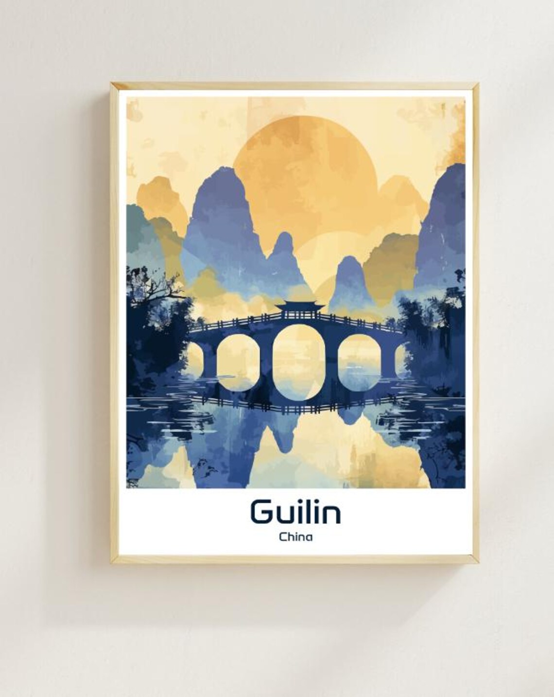 Guilin China Karst Mountains Bridge Sunrise Water Travel Poster