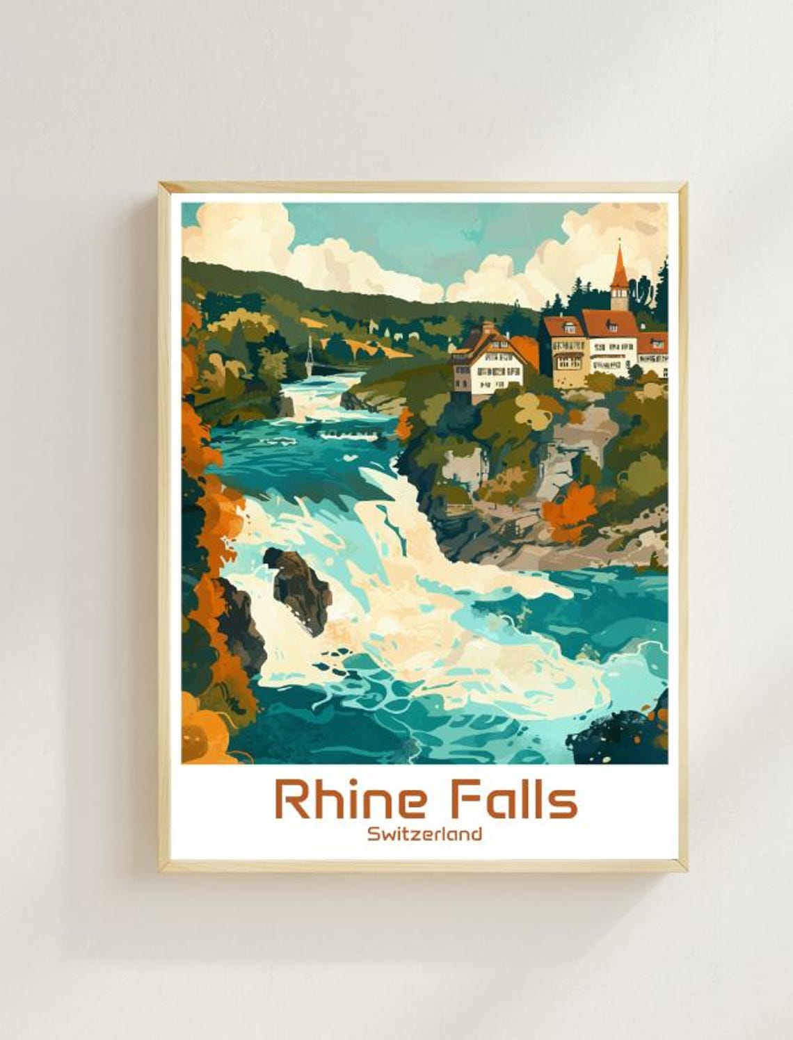 Rhine Falls Switzerland Rushing Waterfall Village View Poster