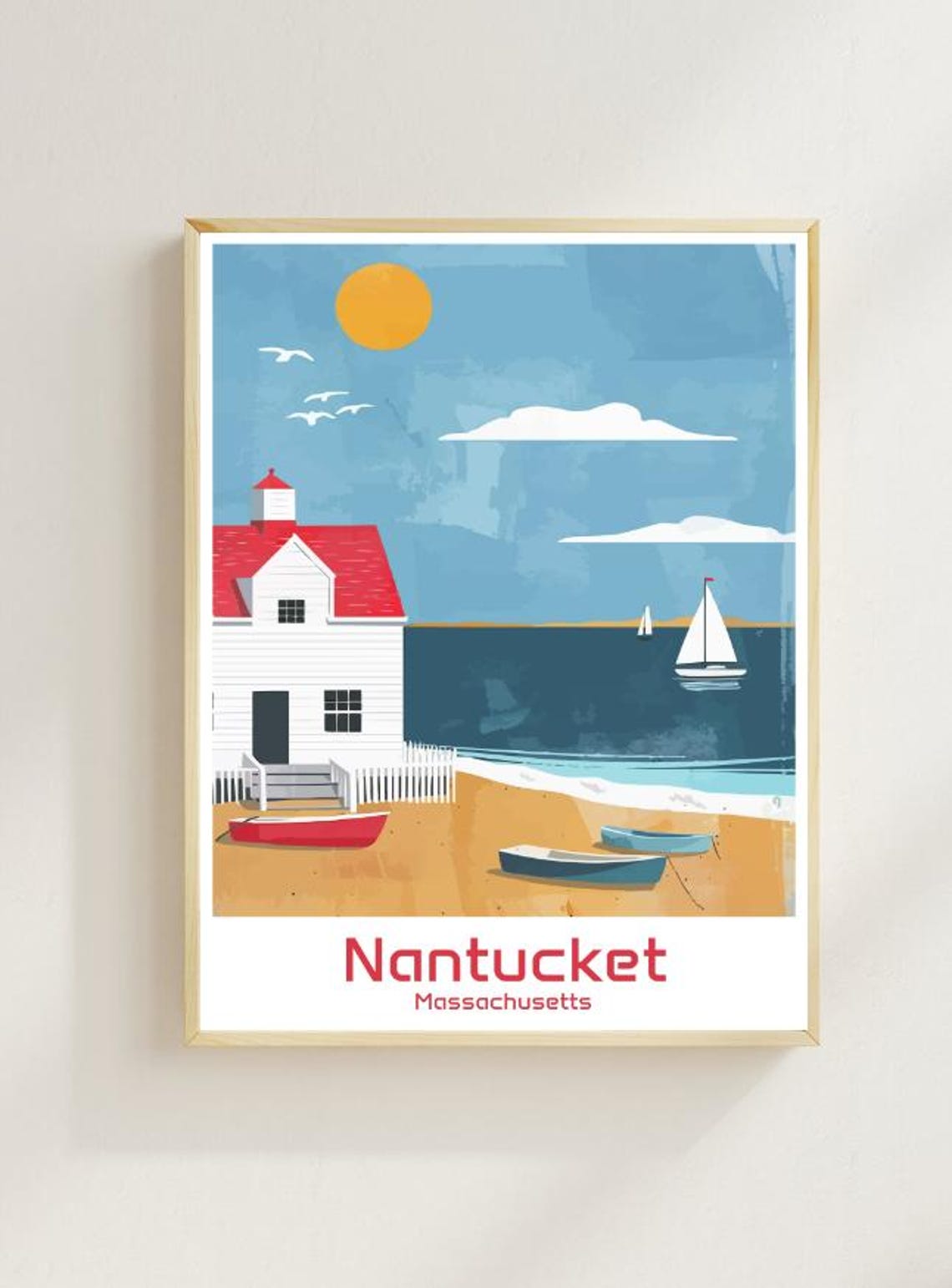 Nantucket Massachusetts Coastal Seaside Cottage Travel Poster