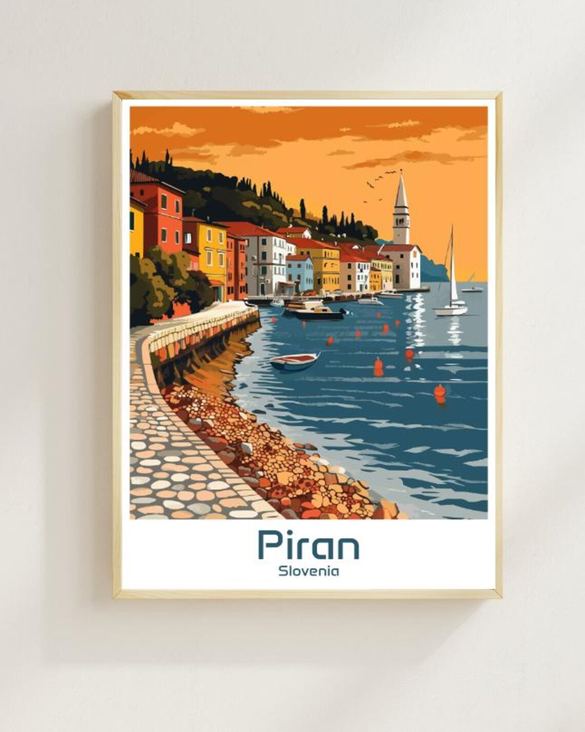 Piran Slovenia Adriatic Coastal Town Sunset Illustrated Poster