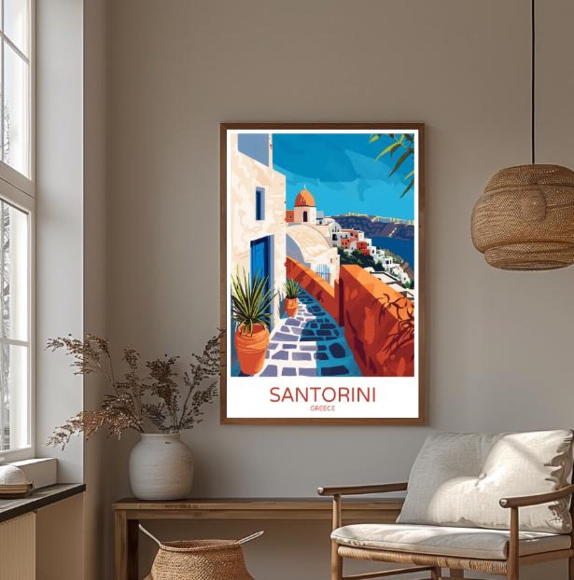Santorini Greece Travel Poster Blue Domes White Village Path Art - Image 3