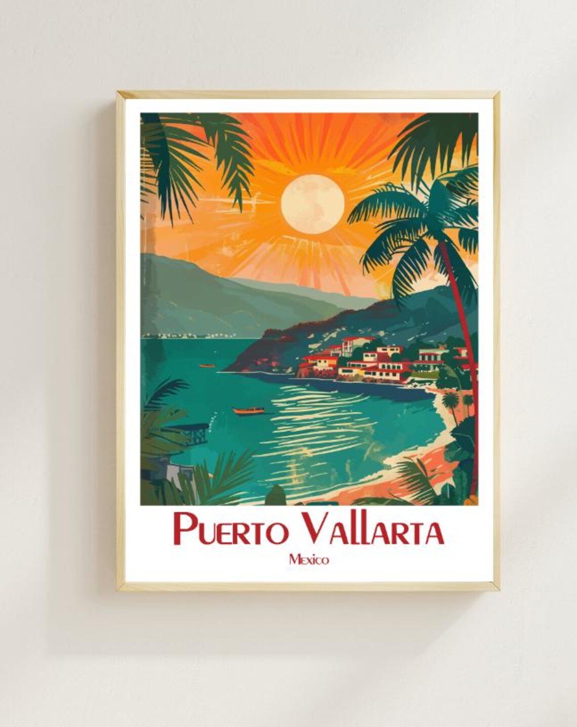 Puerto Vallarta Tropical Bay Sunset with Tall Palm Trees Poster