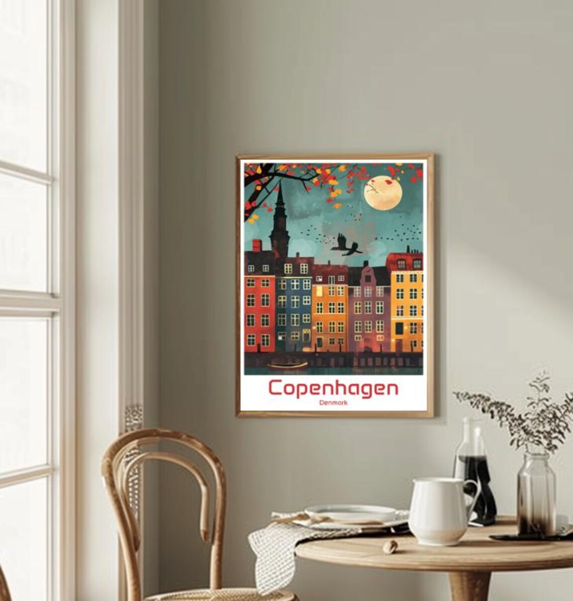 Copenhagen Denmark Nyhavn Colorful Houses Moon Illustration Poster - Image 2