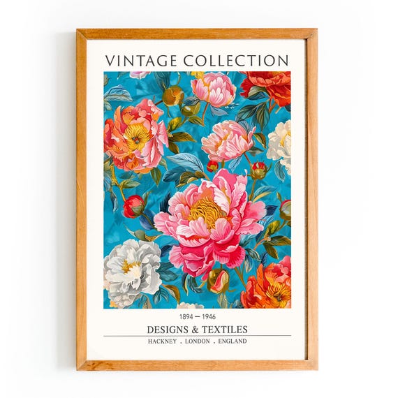 Vintage Peony Floral Print William Morris Style Botanical Art