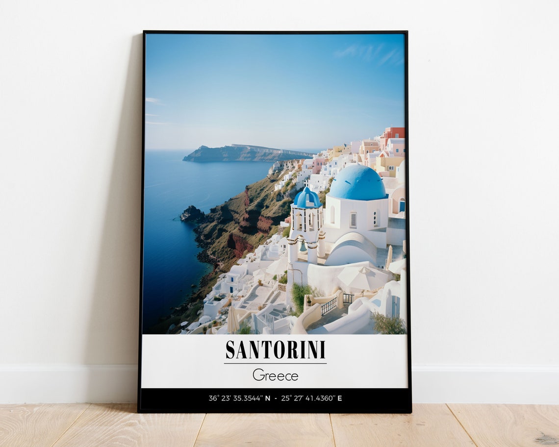 Santorini Greece Blue Domed Churches Caldera View Travel Poster