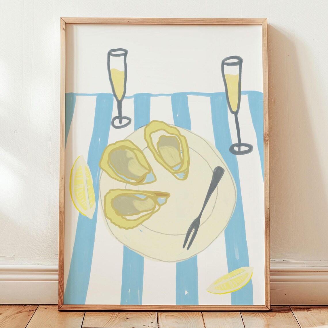 Oyster Plate Champagne Coastal Kitchen Art Poster Pastel Blue Stripe