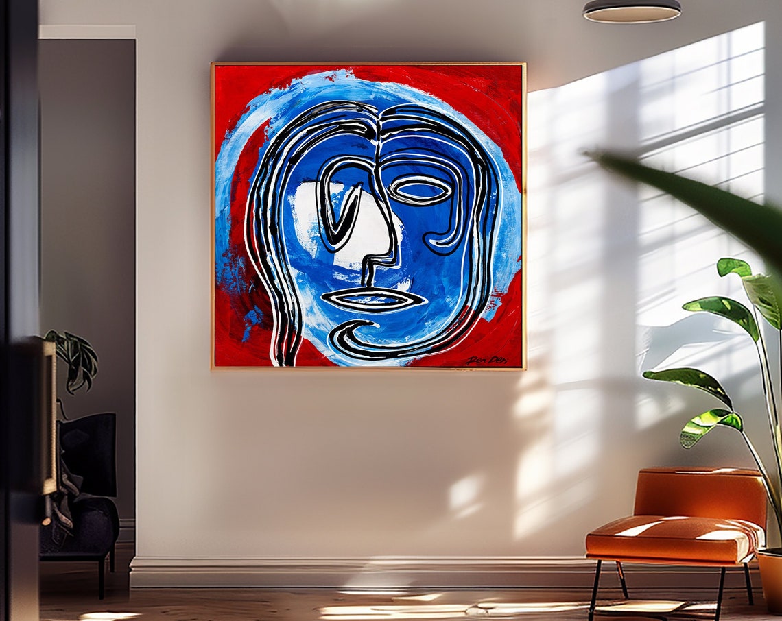 Blue Line Art Face on Bold Red Background Modern Portrait Poster - Image 5