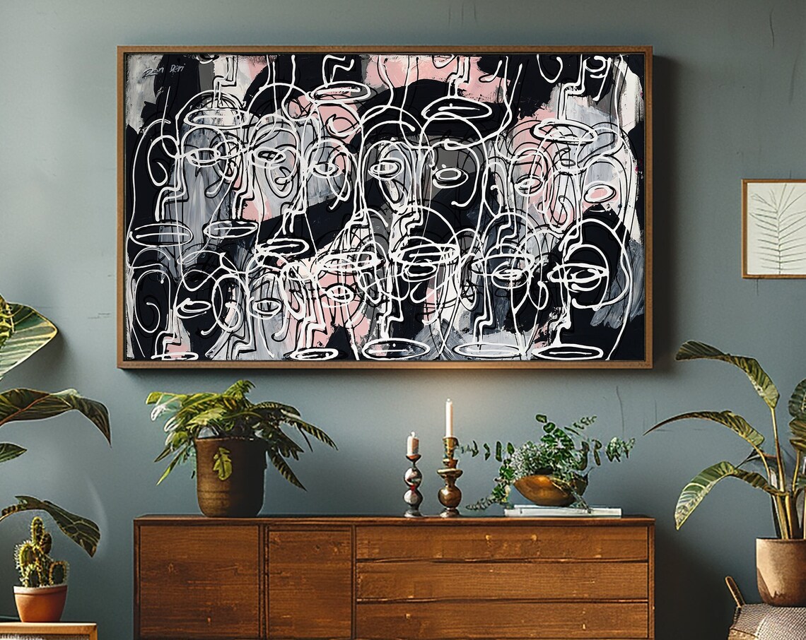 Wide Crowd of White Line Faces on Black Abstract Panorama Poster