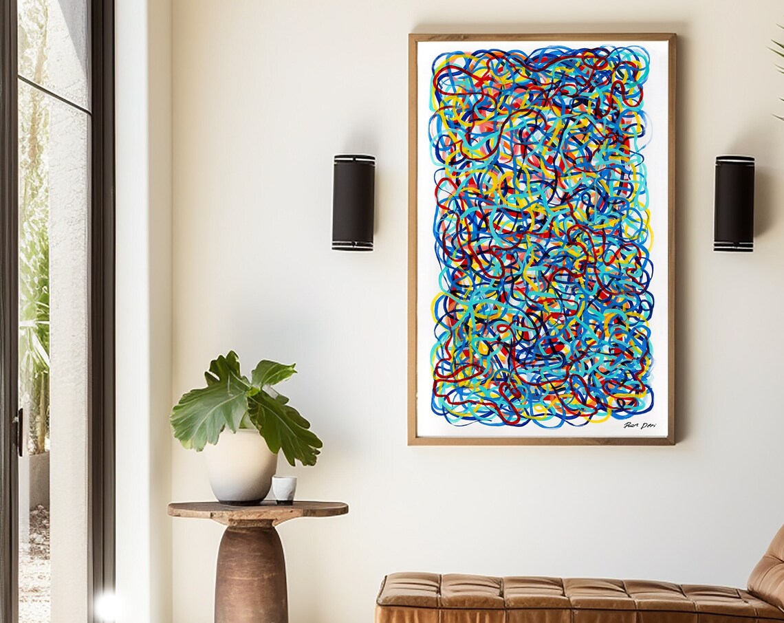Tall Narrow Blue Red And Yellow Line Art Painting By Ron Deri Poster - Image 3
