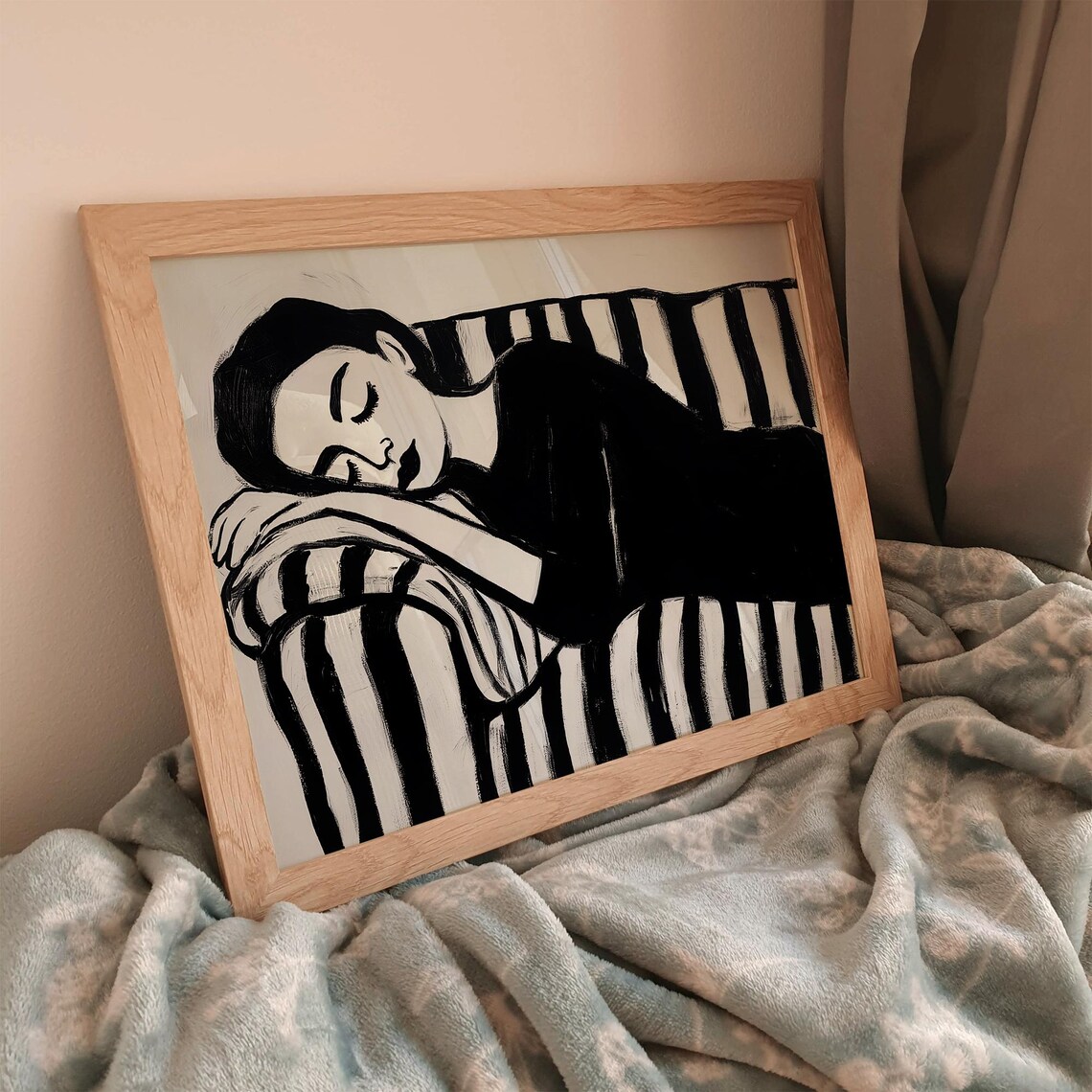 Sleeping Woman on Striped Sofa Black and White Minimalist Poster - Image 2