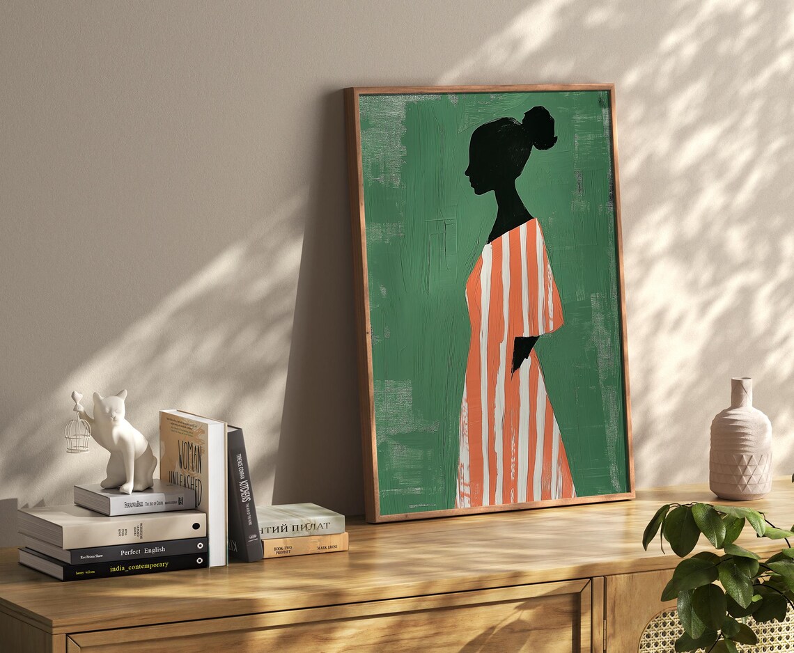 Woman Silhouette in Striped Dress Sage Green Abstract Poster - Image 2