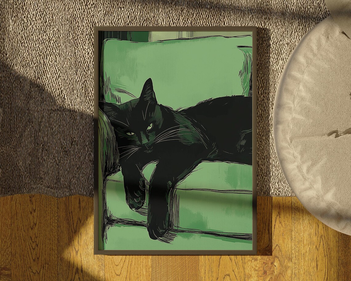 Emerald Green Sleeping Black Cat Contemporary Art Print - Image 2