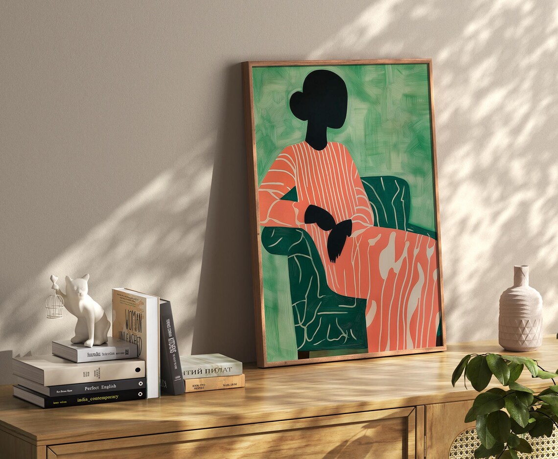 Seated Woman Silhouette in Coral Striped Dress on Green Poster - Image 4