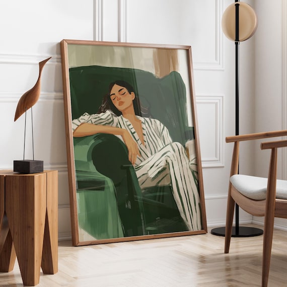Woman Lounging In Striped Pajamas On Emerald Armchair Poster