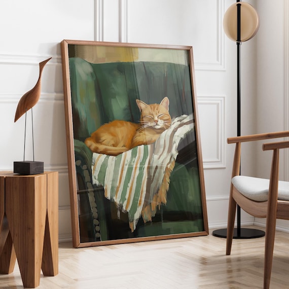 Ginger Cat Napping On A Striped Blanket In A Green Room Poster