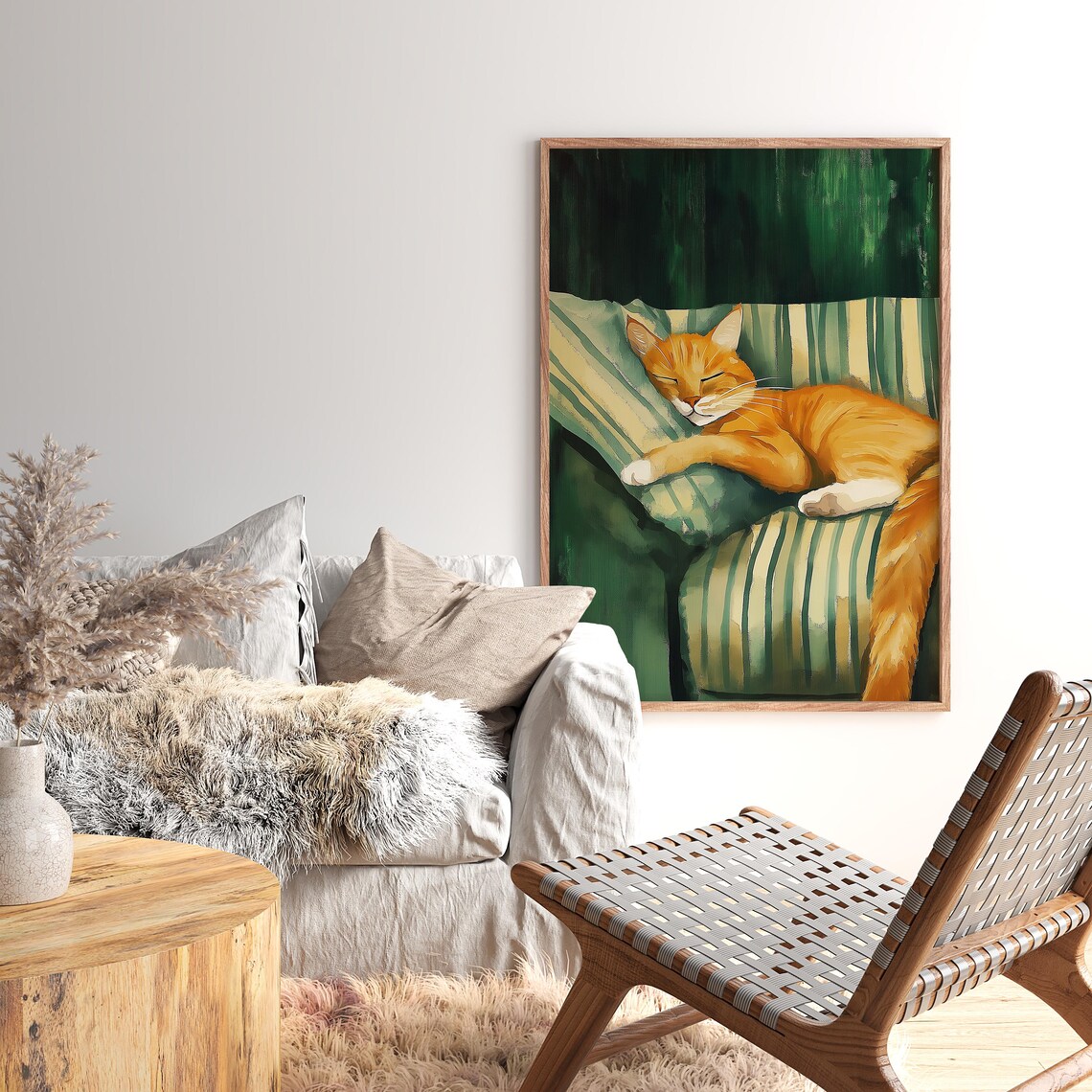 Sleeping Orange Tabby Cat Cozy Emerald Green Modern Feline Art Poster - Image 3