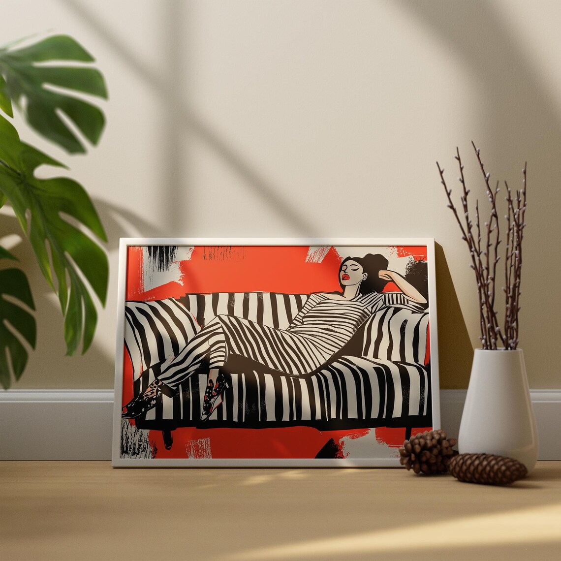 Fashion Woman Lounging on Striped Couch Bold Red Modern Art Poster - Image 3