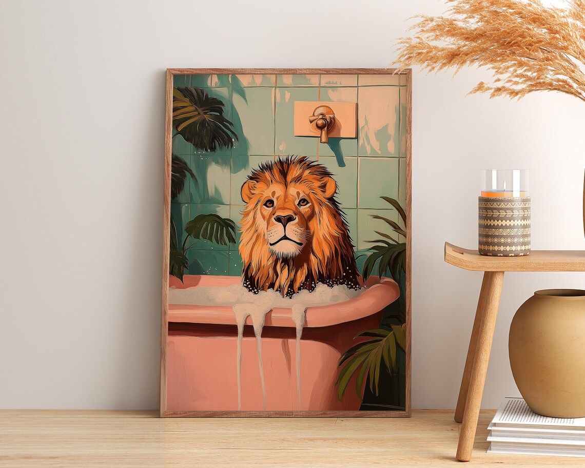 Lion Relaxing In A Pink Bubble Bath With Shower Plants Poster - Image 4