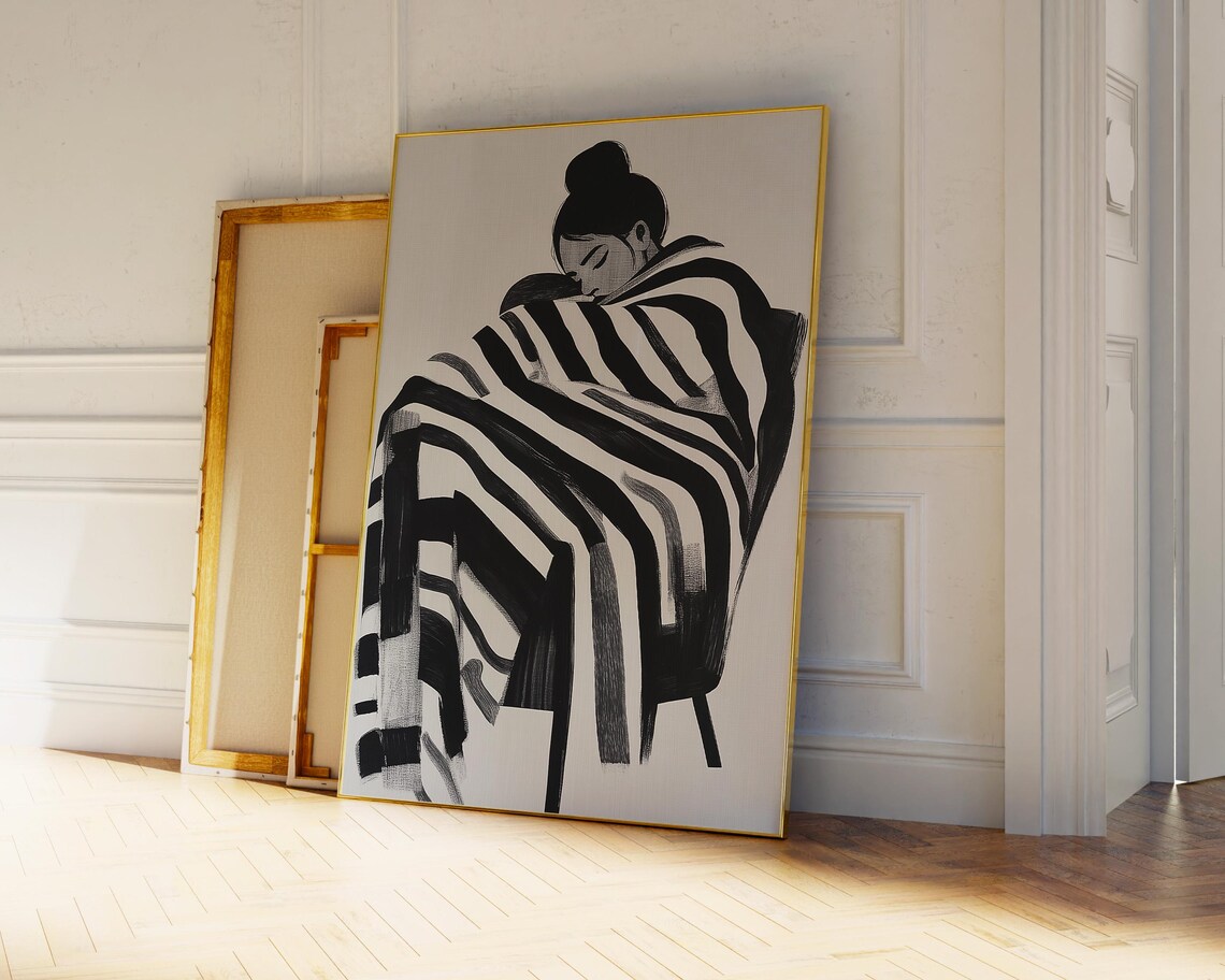 Abstract Ink Portrait Of Sleeping Woman Wrapped In Black And White Print - Image 3
