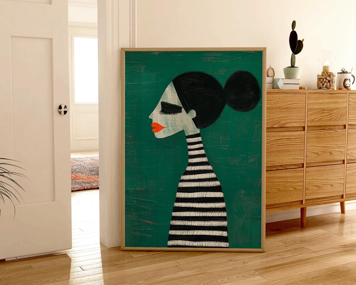Woman Profile in Striped Dress Dark Green Abstract Art Poster - Image 2