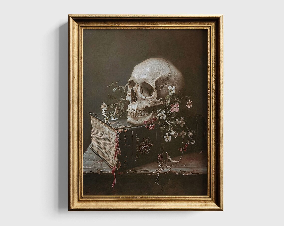 Memento Mori Skull On Antique Open Book With Delicate Flowers Still Life Poster