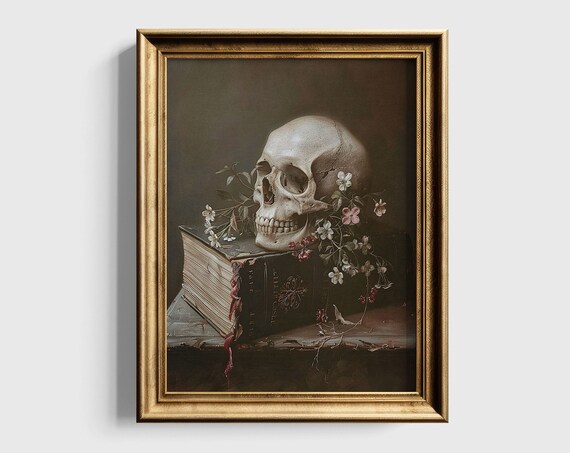 Memento Mori Skull On Antique Open Book With Delicate Flowers Still Life Poster