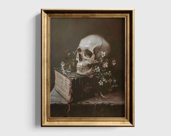 The Final Chapter Gothic Art Skull Still Life Art Print Moody Book Stack Art Dark Academia Decor Dark Bookish Wall Art