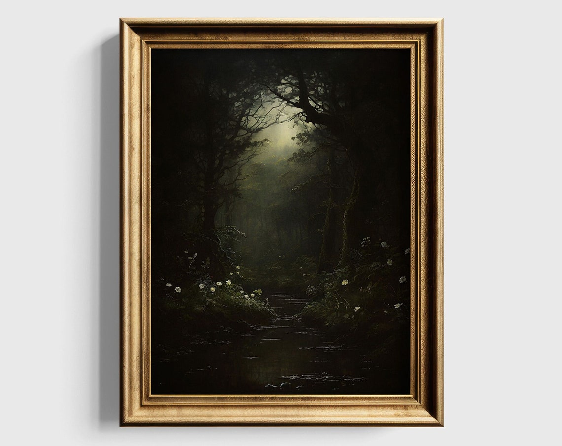 Dark Moonlit Forest Stream with Light Through Trees Mystical Poster