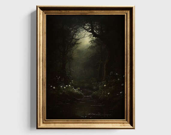 Dark Moonlit Forest Stream with Light Through Trees Mystical Poster