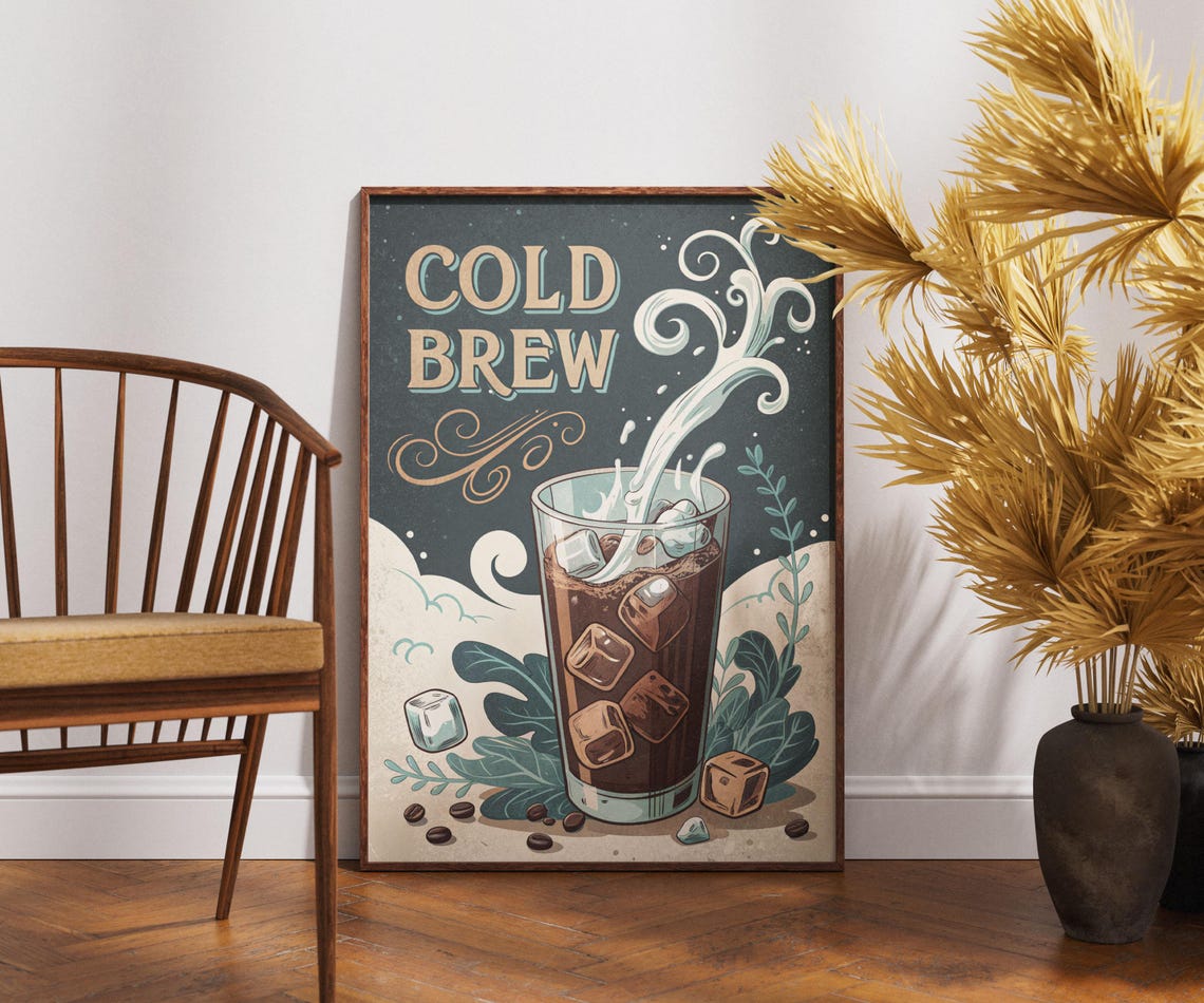 Vintage Cold Brew Coffee Poster Iced Black Coffee Retro Cafe Art