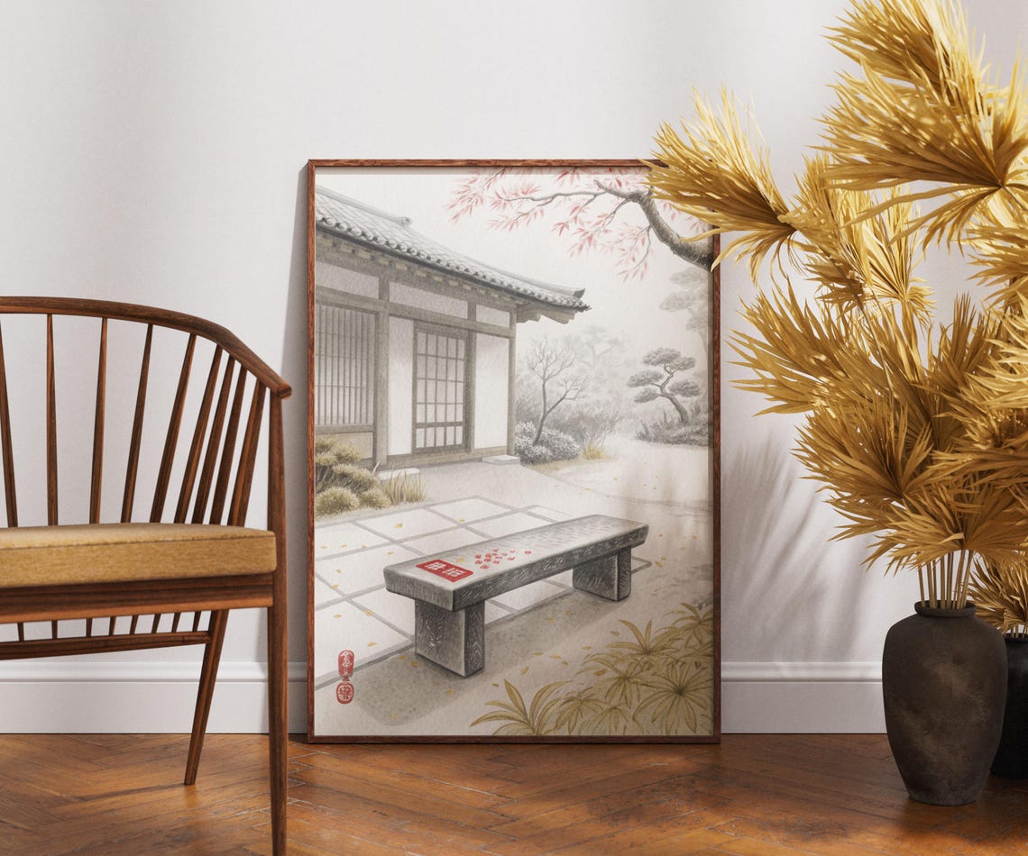 Japanese Temple Courtyard Bench Watercolor Zen Garden Art Poster