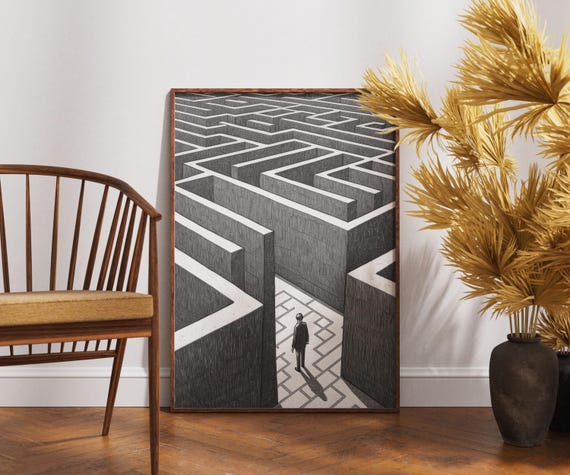 Surreal Maze Art Print Black And White Labyrinth Wall Decor Lost In Thought Illustration Existential Journey Poster